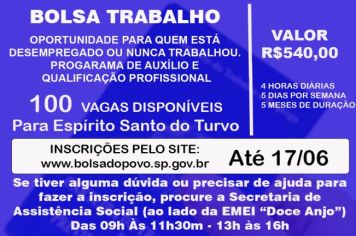 Inscrições abertas para o Bolsa Trabalho