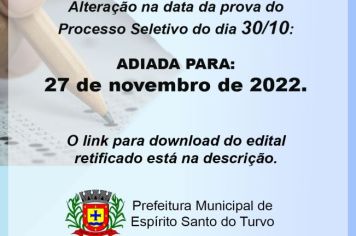 Alteração na data da prova do Processo Seletivo do dia 30/10