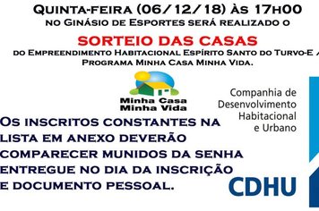 Sorteio das Casas CDHU nesta Quinta feira.