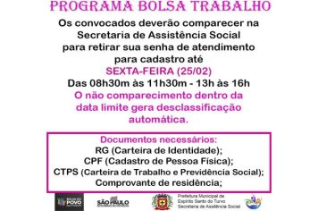 LISTA DE CONVOCADOS PARA O PROGRAMA BOLSA TRABALHO