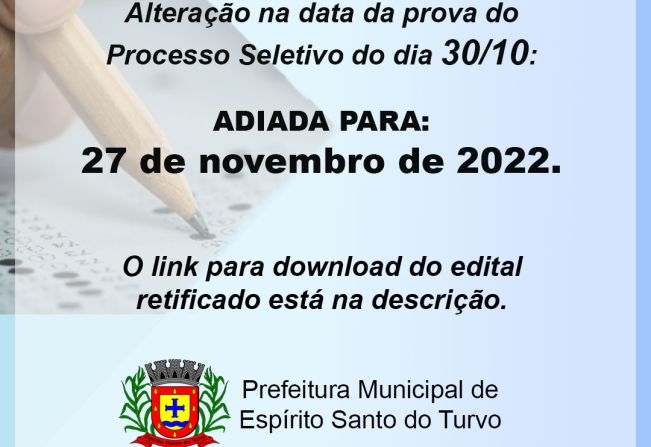 Alteração na data da prova do Processo Seletivo do dia 30/10