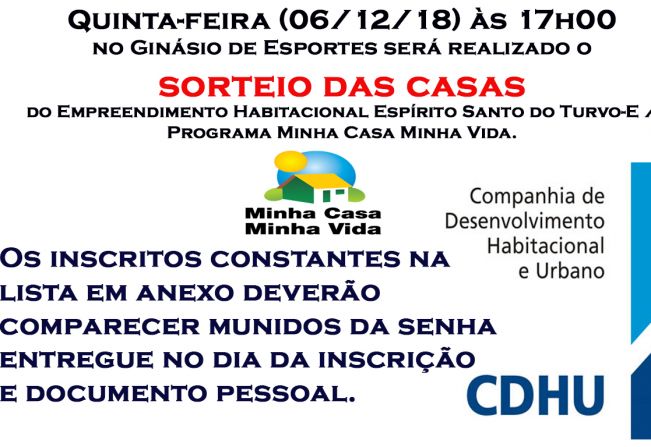 Sorteio das Casas CDHU nesta Quinta feira.