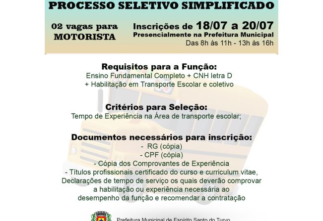 PROCESSO SELETIVO SIMPLIFICADO PARA MOTORISTA